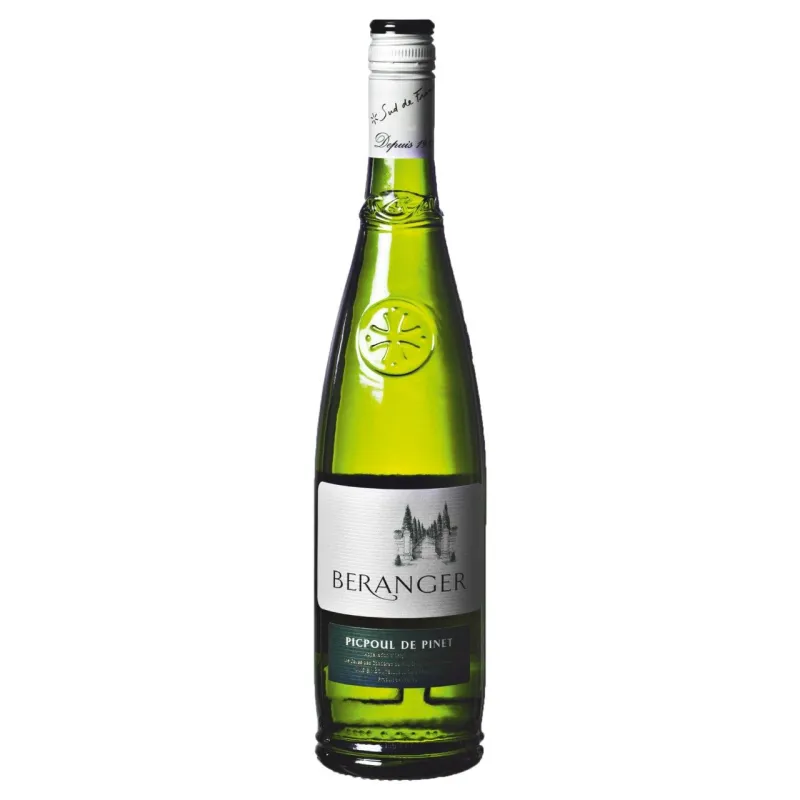Green wine bottle labeled 'Beranger Picpoul de Pinet' with a white cap.